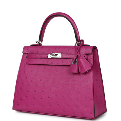 Hermes Kelly Sellier 25 Rose Pourpre Ostrich Palladium Hardware