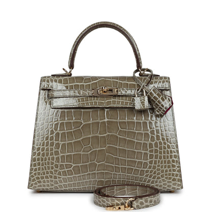 Hermes Special Order (HSS) Kelly Sellier 25 Gris Tourterelle Verso Shiny Alligator Gold Hardware