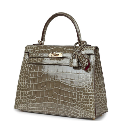 Hermes Special Order (HSS) Kelly Sellier 25 Gris Tourterelle Verso Shiny Alligator Gold Hardware