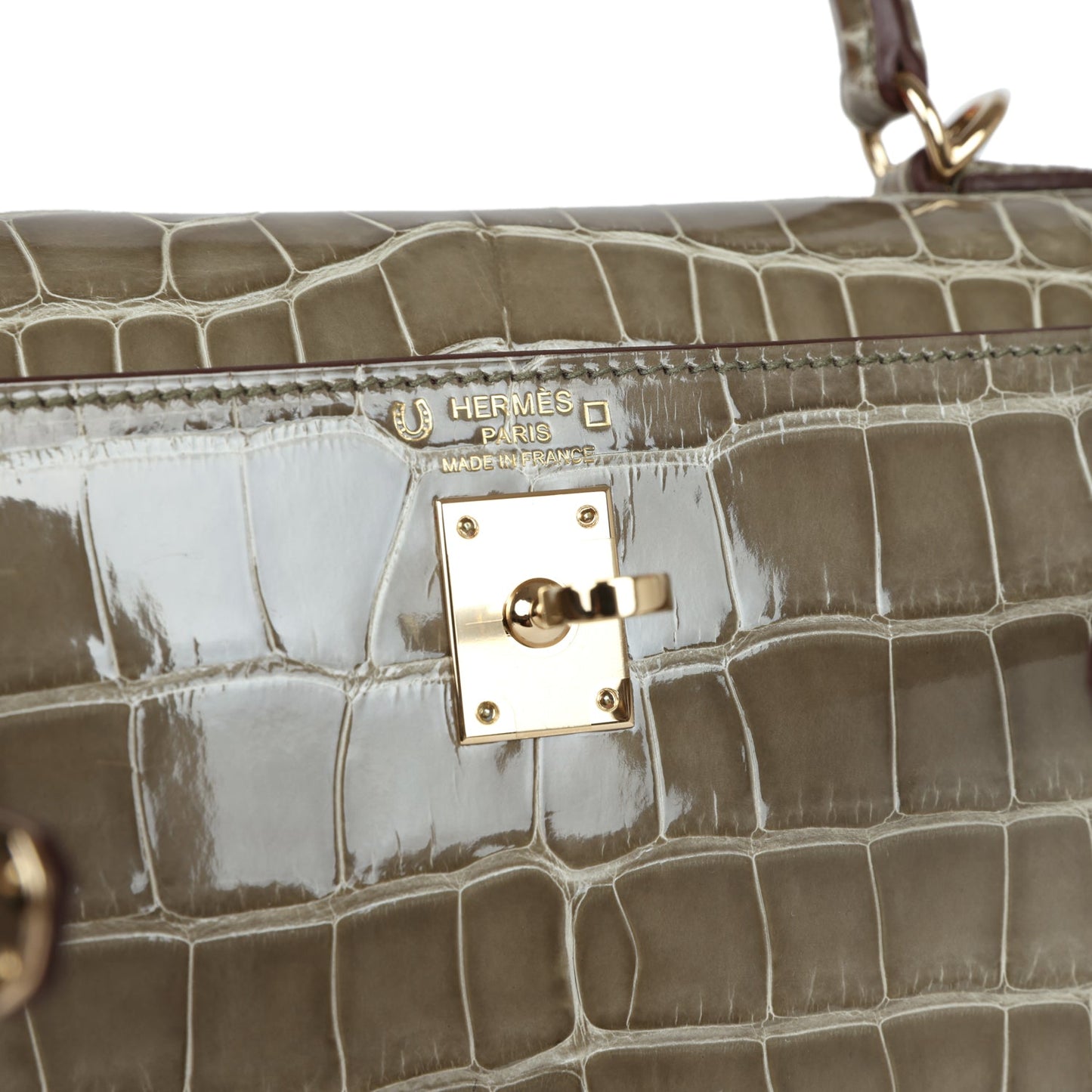 Hermes Special Order (HSS) Kelly Sellier 25 Gris Tourterelle Verso Shiny Alligator Gold Hardware