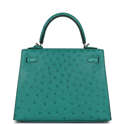 Hermes Kelly Sellier 25 Vert Verone Ostrich Palladium Hardware