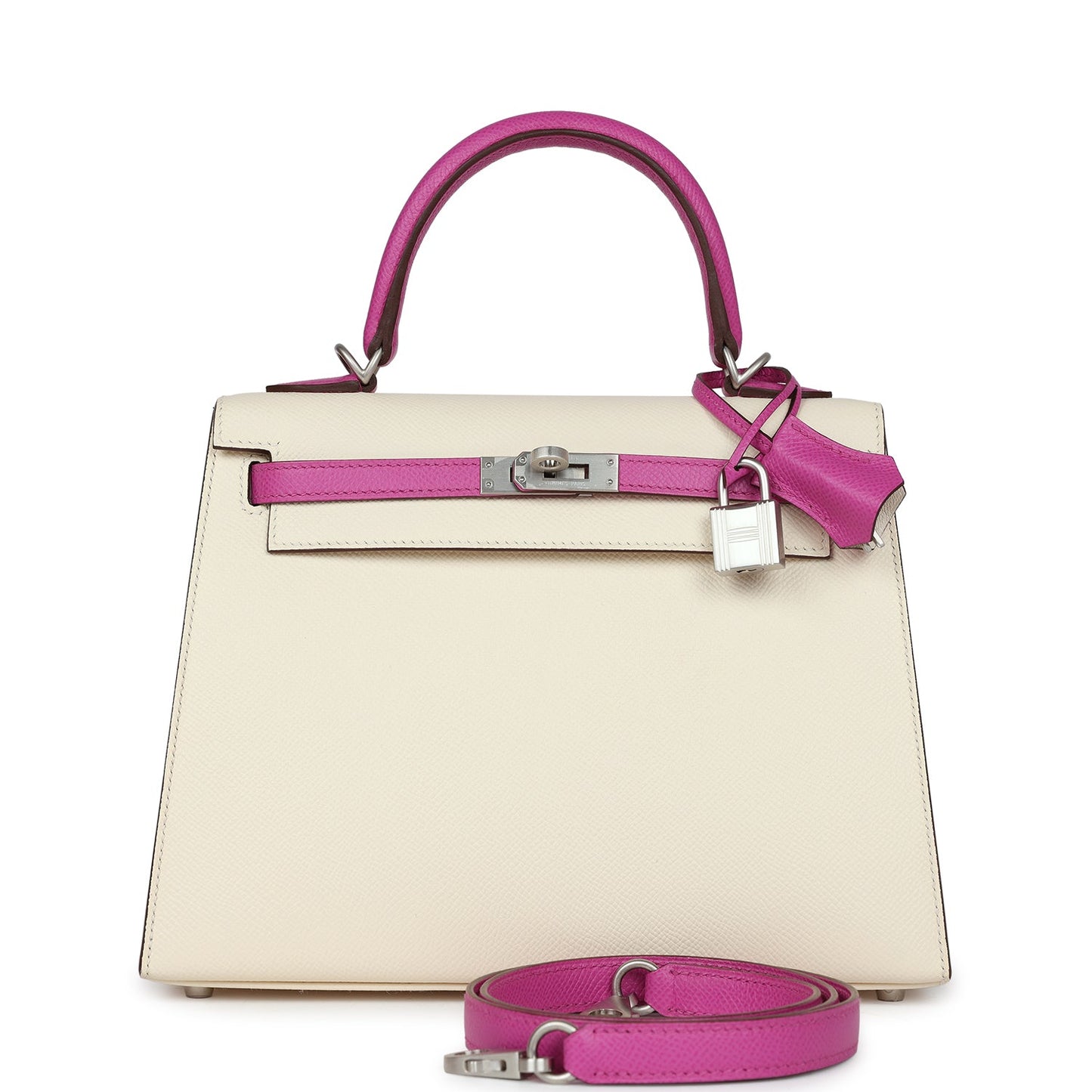 Hermes Special Order (HSS) Kelly Sellier 25 Nata and Rose Pourpre Epsom Brushed Palladium Hardware