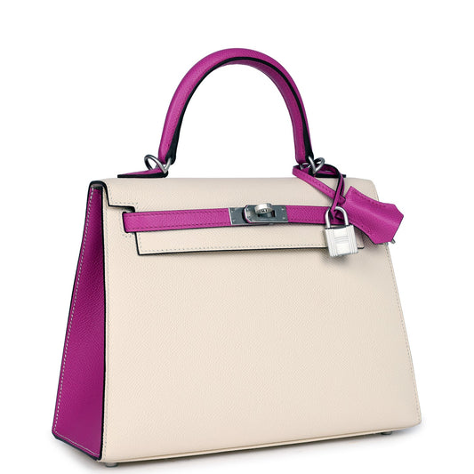 Hermes Special Order (HSS) Kelly Sellier 25 Nata and Rose Pourpre Epsom Brushed Palladium Hardware