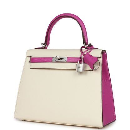 Hermes Special Order (HSS) Kelly Sellier 25 Nata and Rose Pourpre Epsom Brushed Palladium Hardware