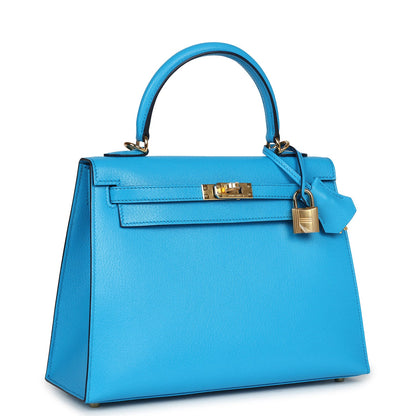 Hermes Kelly Sellier 25 Bleu Frida Chevre Gold Hardware