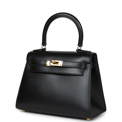 Vintage Hermes Kelly Sellier 20 Black Box Gold Hardware