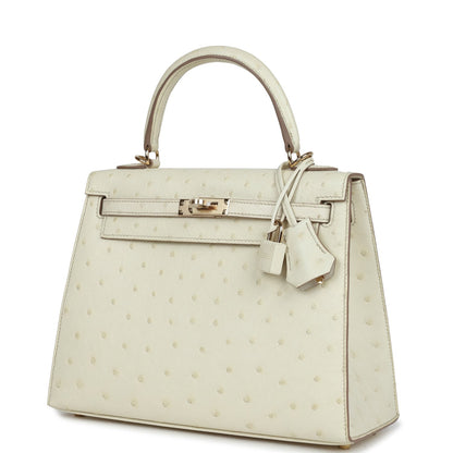 Hermes Special Order (HSS) Kelly Sellier 25 Nata Verso Ostrich Permabrass Hardware