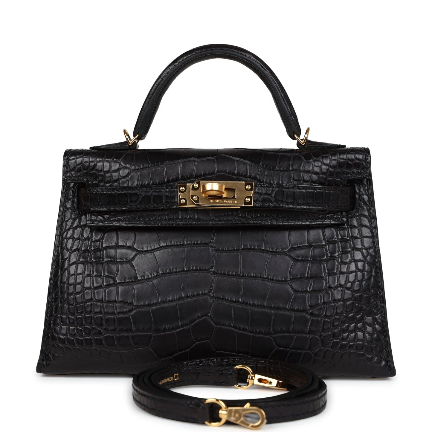 Hermes Kelly Sellier 20 Black Matte Alligator Gold Hardware