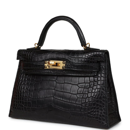 Hermes Kelly Sellier 20 Black Matte Alligator Gold Hardware