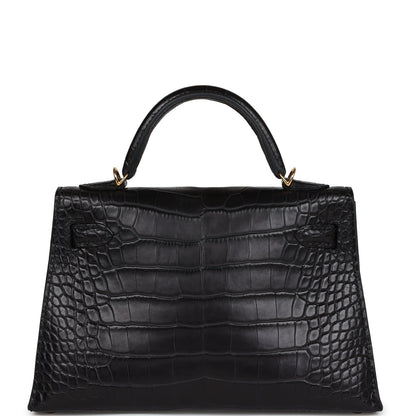 Hermes Kelly Sellier 20 Black Matte Alligator Gold Hardware