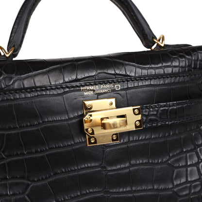 Hermes Kelly Sellier 20 Black Matte Alligator Gold Hardware