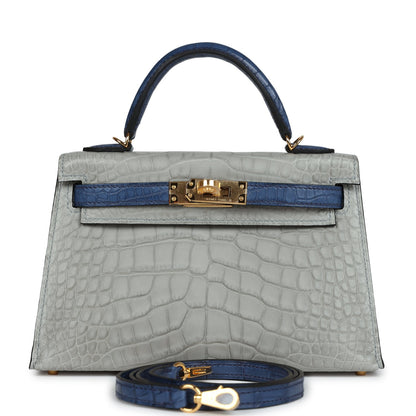 Hermes Special Order (HSS) Kelly Sellier 20 Gris Perle and Bleu de Malte Matte Alligator Gold Hardware