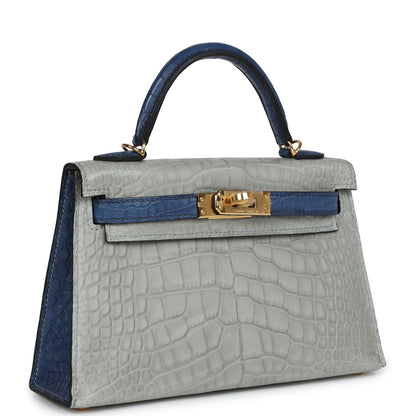 Hermes Special Order (HSS) Kelly Sellier 20 Gris Perle and Bleu de Malte Matte Alligator Gold Hardware