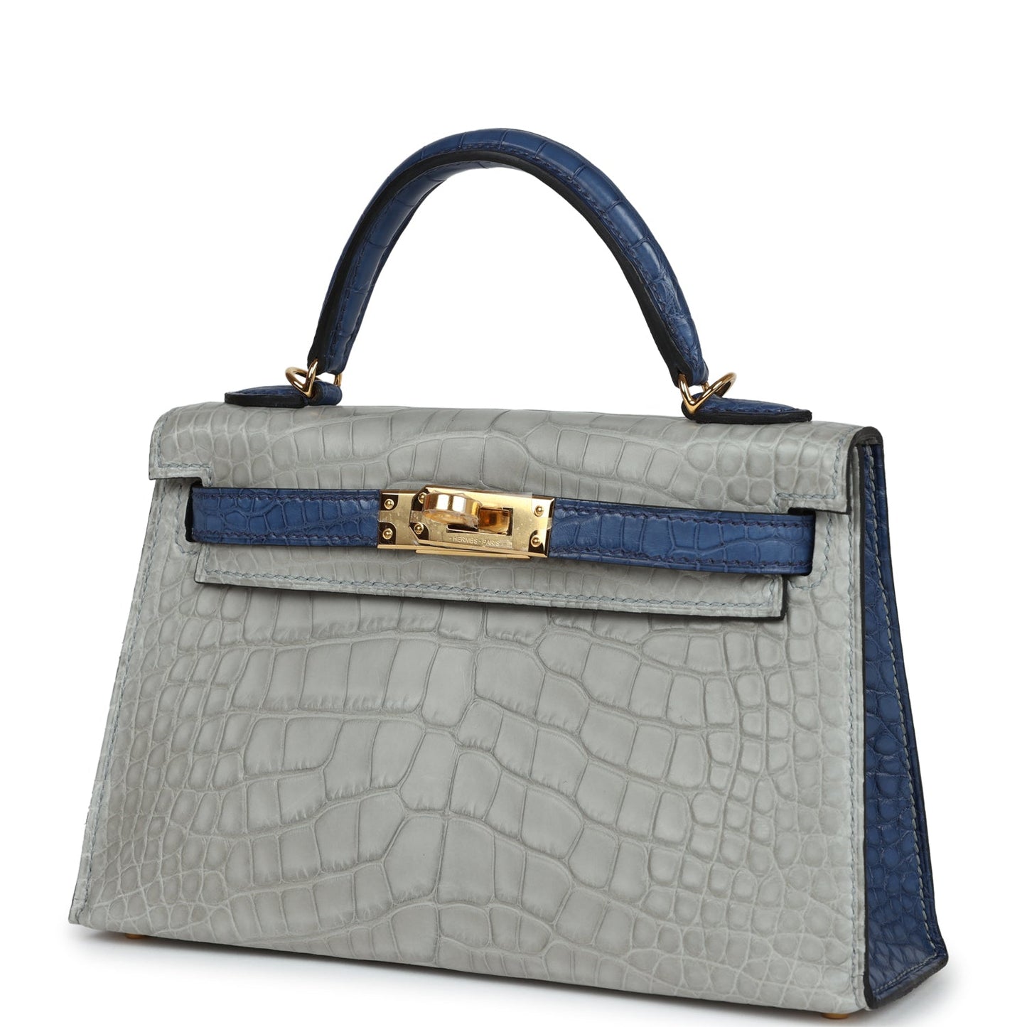 Hermes Special Order (HSS) Kelly Sellier 20 Gris Perle and Bleu de Malte Matte Alligator Gold Hardware