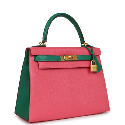 Hermes Special Order (HSS) Kelly Sellier 28 Rose Lipstick and Vert Vertigo Chevre Brushed Gold Hardware