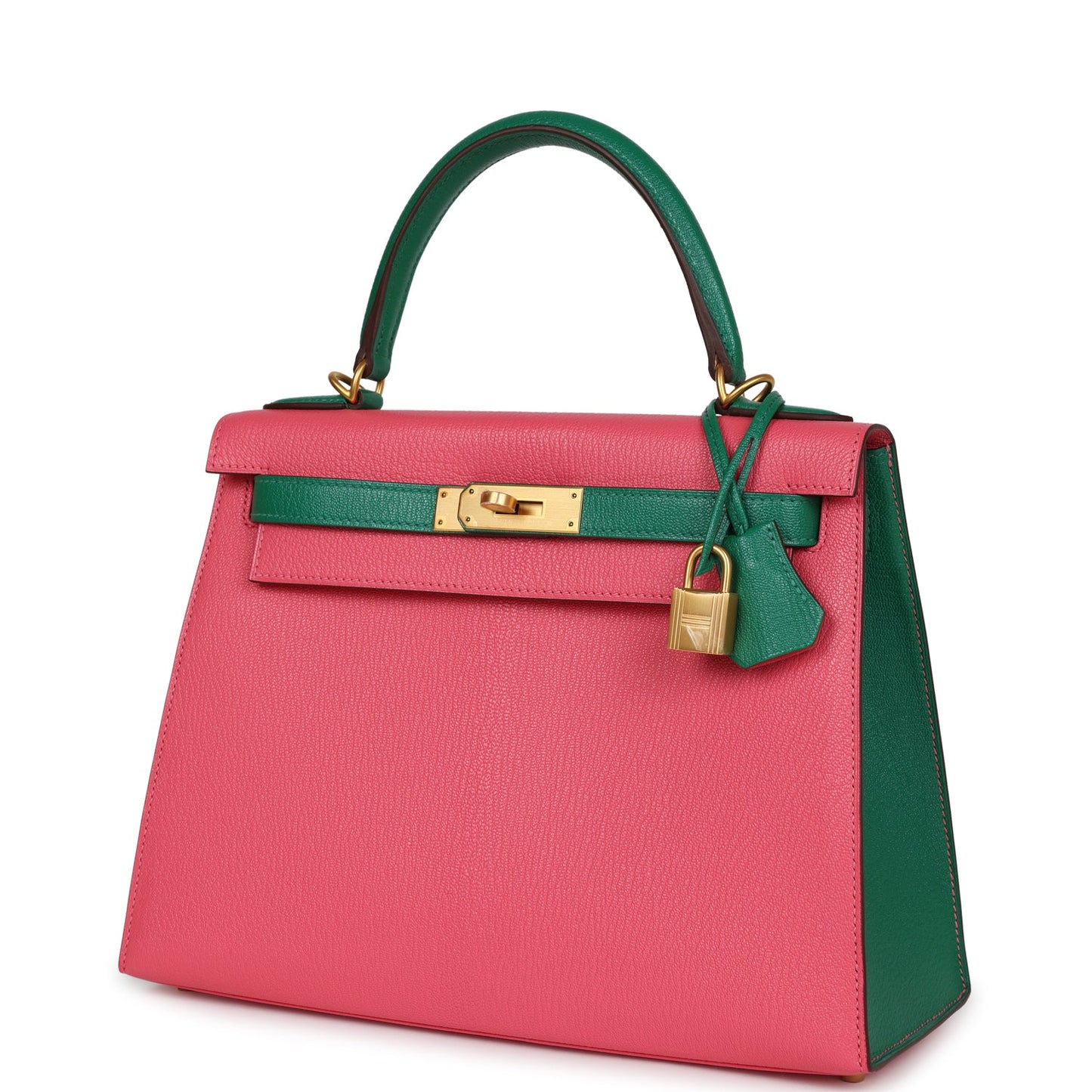 Hermes Special Order (HSS) Kelly Sellier 28 Rose Lipstick and Vert Vertigo Chevre Brushed Gold Hardware