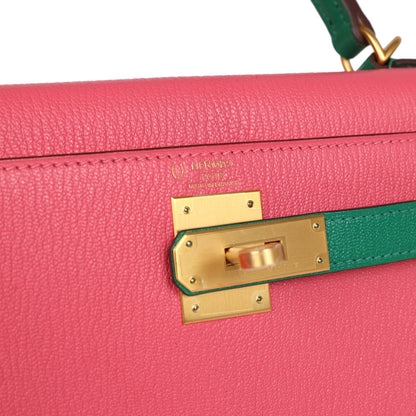 Hermes Special Order (HSS) Kelly Sellier 28 Rose Lipstick and Vert Vertigo Chevre Brushed Gold Hardware