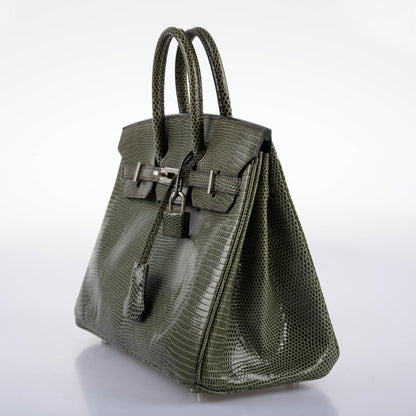 Hermes Birkin 25 Vert Olive Salvator Lizard with Palladium Hardware - 2008, L Square