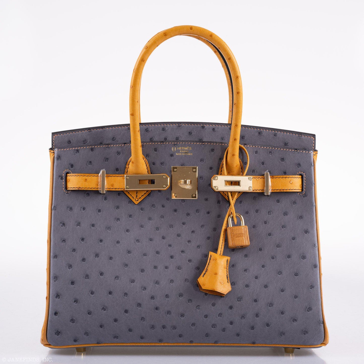 Hermes Birkin 30 HSS Gris Agate & Saffron Ostrich Gold Hardware - 2020, Y