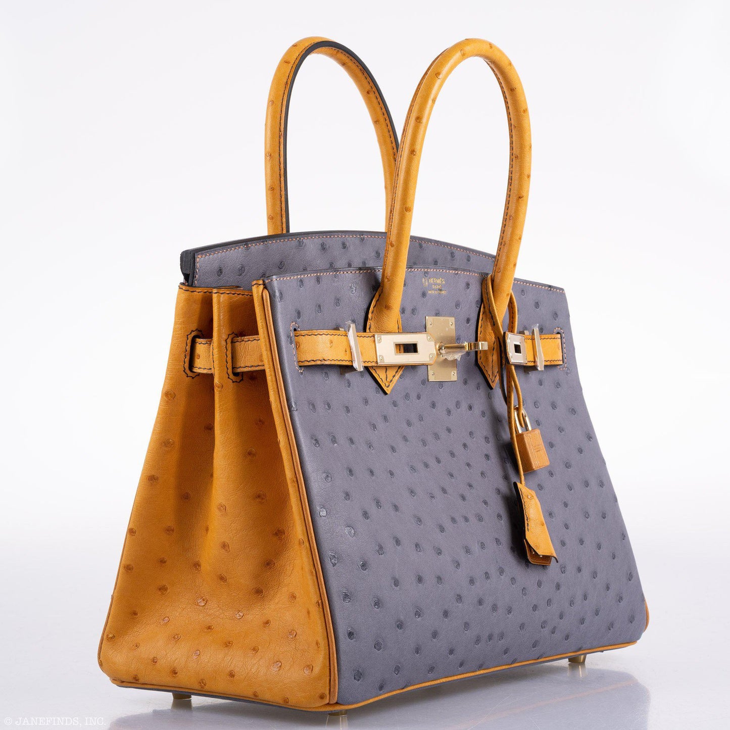 Hermes Birkin 30 HSS Gris Agate & Saffron Ostrich Gold Hardware - 2020, Y