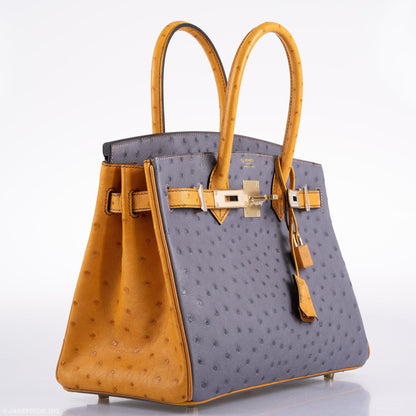 Hermes Birkin 30 HSS Gris Agate & Saffron Ostrich Gold Hardware - 2020, Y