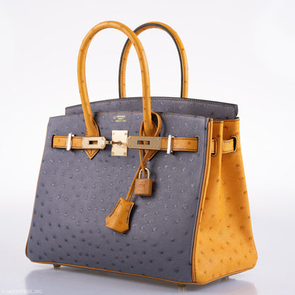 Hermes Birkin 30 HSS Gris Agate & Saffron Ostrich Gold Hardware - 2020, Y