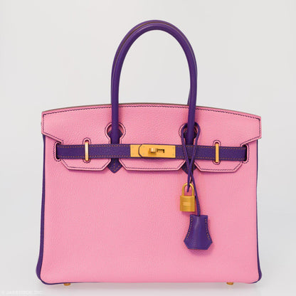 Hermes Birkin 30 HSS Rose Confetti & Anemone Chevre leather Brushed Gold Hardware - 2014, R Square