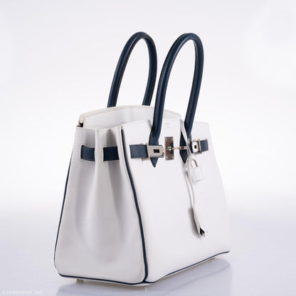 Hermes Birkin 30 HSS White & Blue Marine Epsom leather Palladium Hardware - 2011, O Square