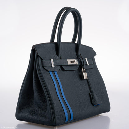 Hermes Birkin 30 Officier Vert Cyprès Togo & Bleu Zellige Stripe & Lining Palladium Hardware - 2018, C