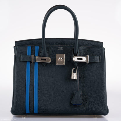 Hermes Birkin 30 Officier Vert Cyprès Togo & Bleu Zellige Stripe & Lining Palladium Hardware - 2018, C