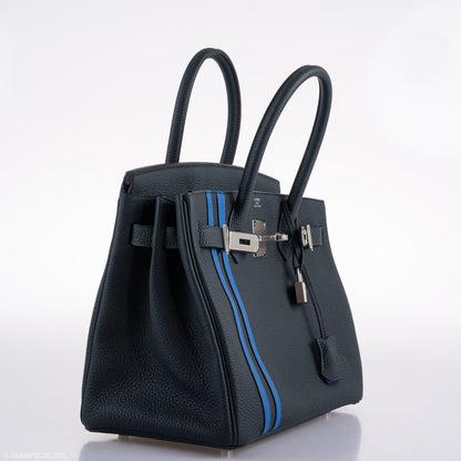 Hermes Birkin 30 Officier Vert Cyprès Togo & Bleu Zellige Stripe & Lining Palladium Hardware - 2018, C