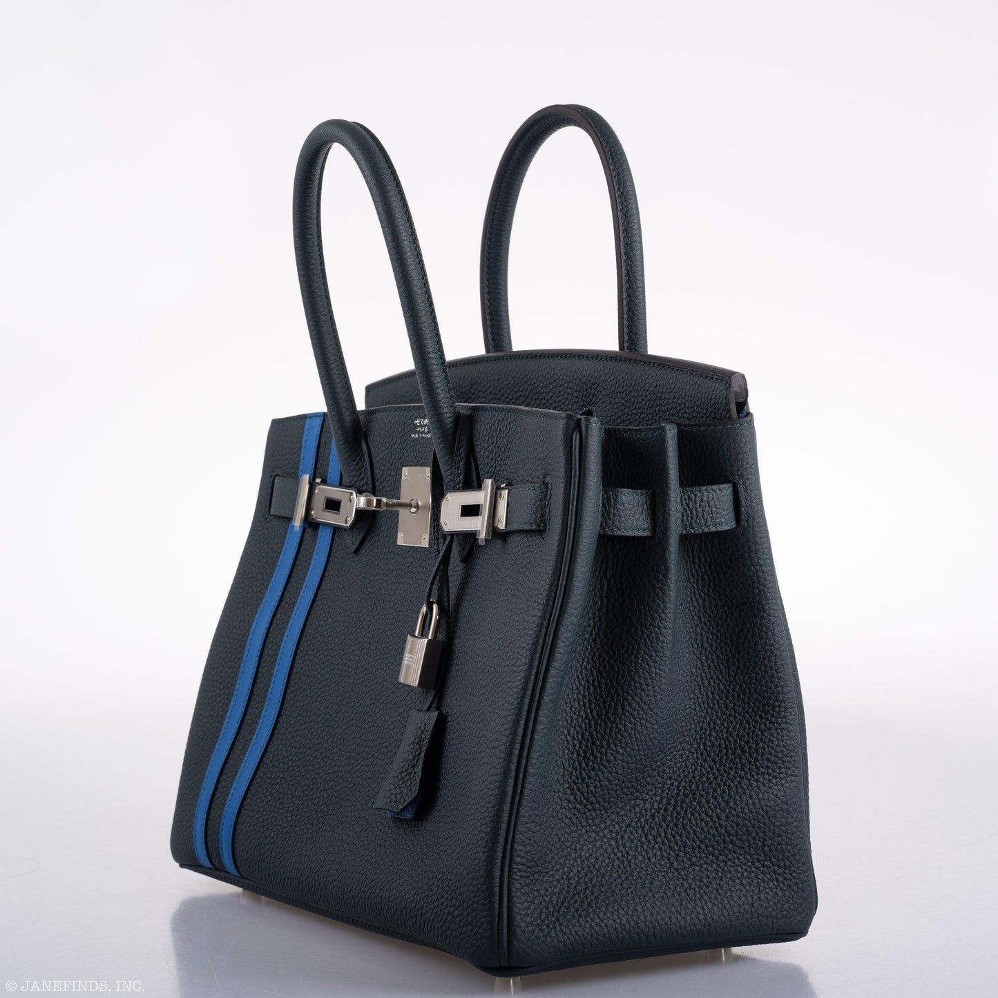 Hermes Birkin 30 Officier Vert Cyprès Togo & Bleu Zellige Stripe & Lining Palladium Hardware - 2018, C