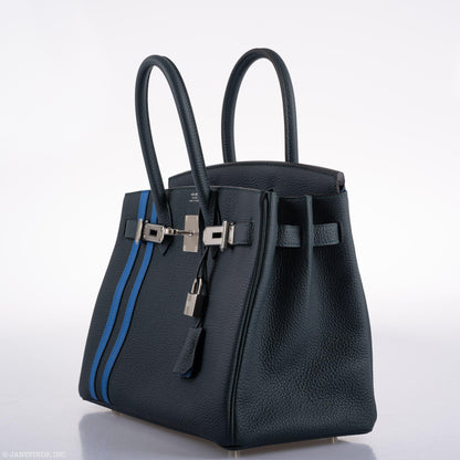 Hermes Birkin 30 Officier Vert Cyprès Togo & Bleu Zellige Stripe & Lining Palladium Hardware - 2018, C