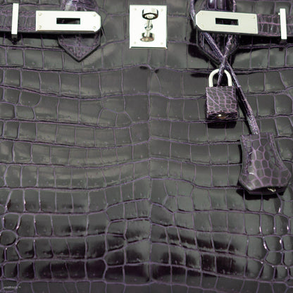 Hermes Birkin 35 Amethyst Porosus Crocodile with Palladium Hardware - 2009, M Square