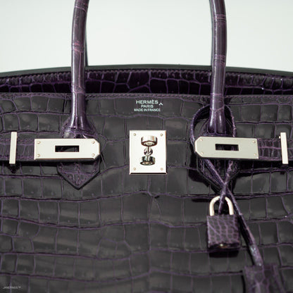 Hermes Birkin 35 Amethyst Porosus Crocodile with Palladium Hardware - 2009, M Square