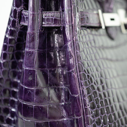 Hermes Birkin 35 Amethyst Porosus Crocodile with Palladium Hardware - 2009, M Square