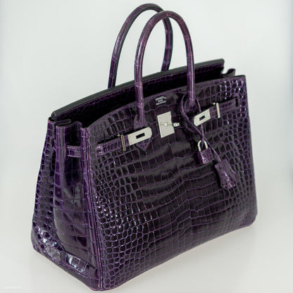 Hermes Birkin 35 Amethyst Porosus Crocodile with Palladium Hardware - 2009, M Square