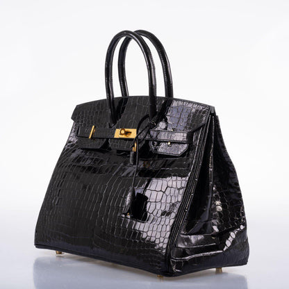 Hermes Birkin 35 Black Shiny Porosus Crocodile with Gold Hardware - 2017, A