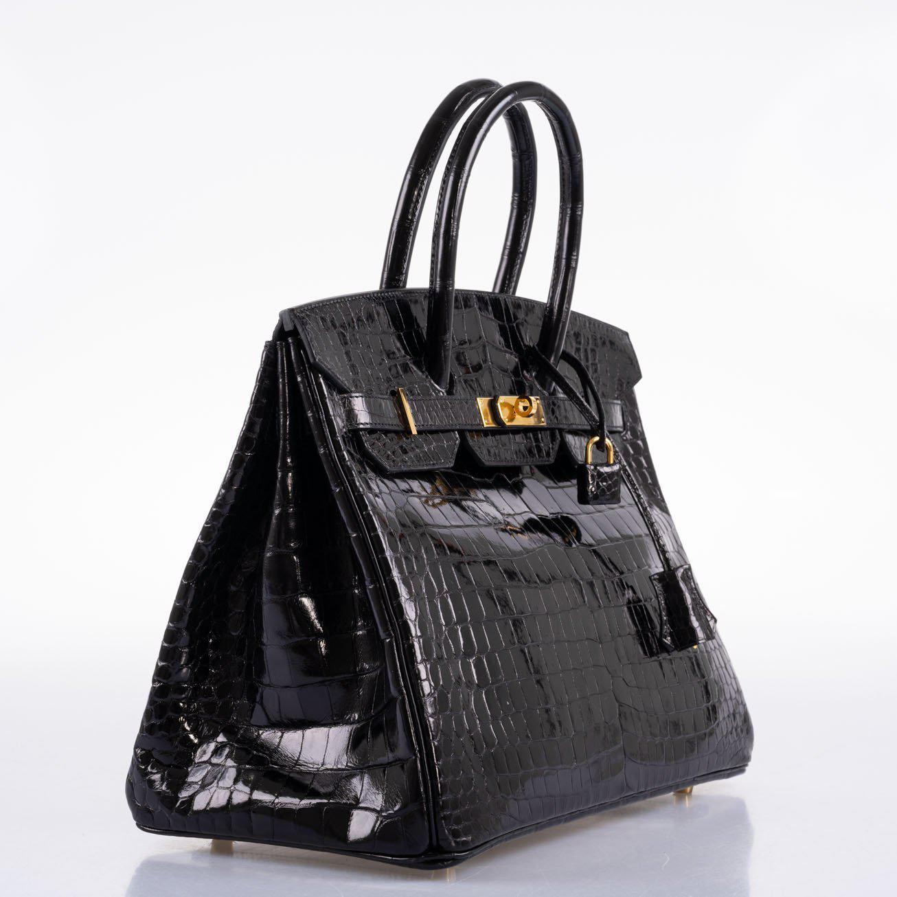 Hermes Birkin 35 Black Shiny Porosus Crocodile with Gold Hardware - 2017, A