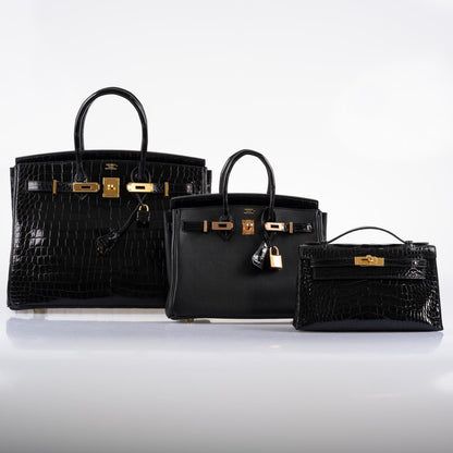 Hermes Birkin 35 Black Shiny Porosus Crocodile with Gold Hardware - 2017, A