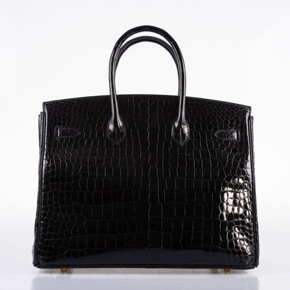 Hermes Birkin 35 Black Shiny Porosus Crocodile with Gold Hardware - 2017, A