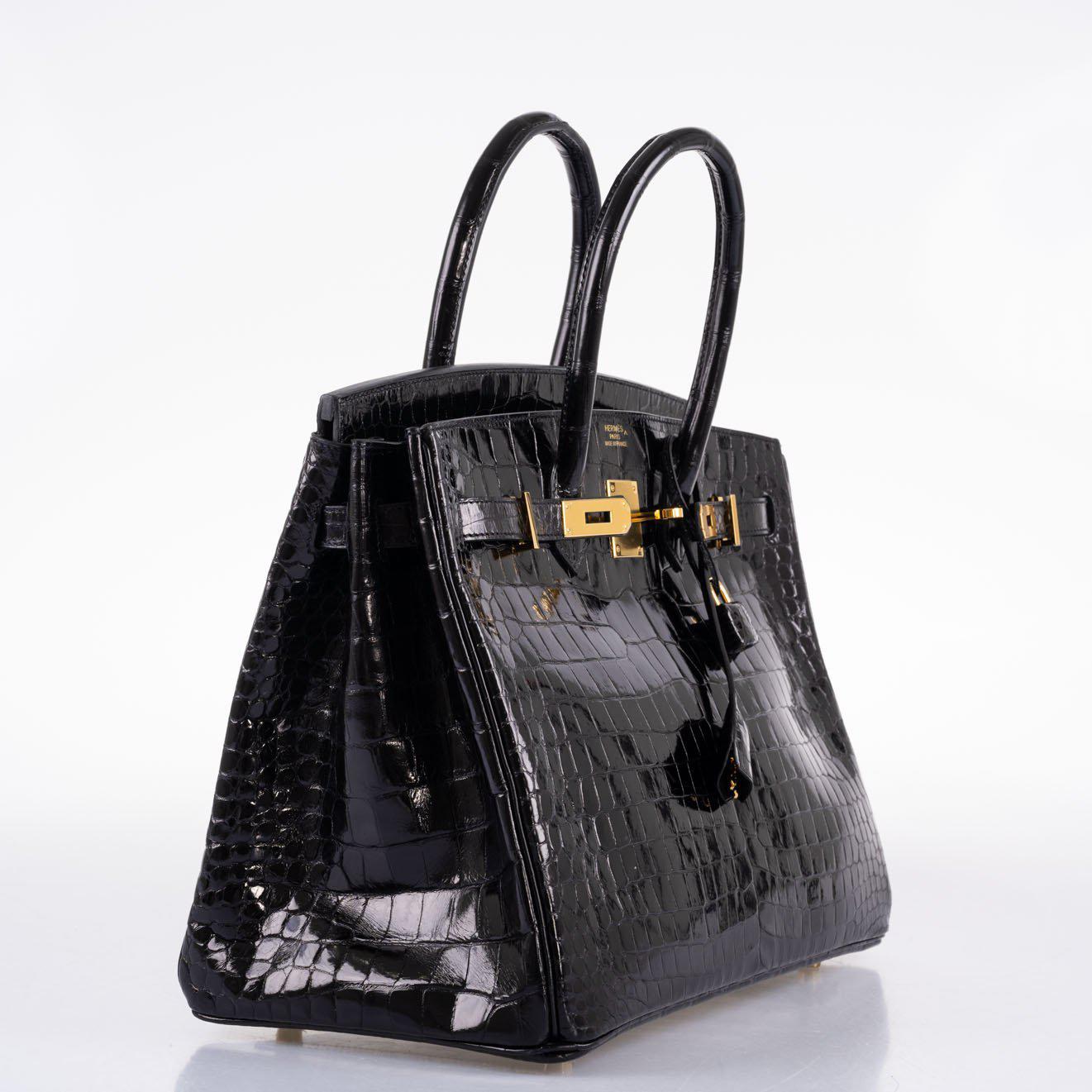 Hermes Birkin 35 Black Shiny Porosus Crocodile with Gold Hardware - 2017, A