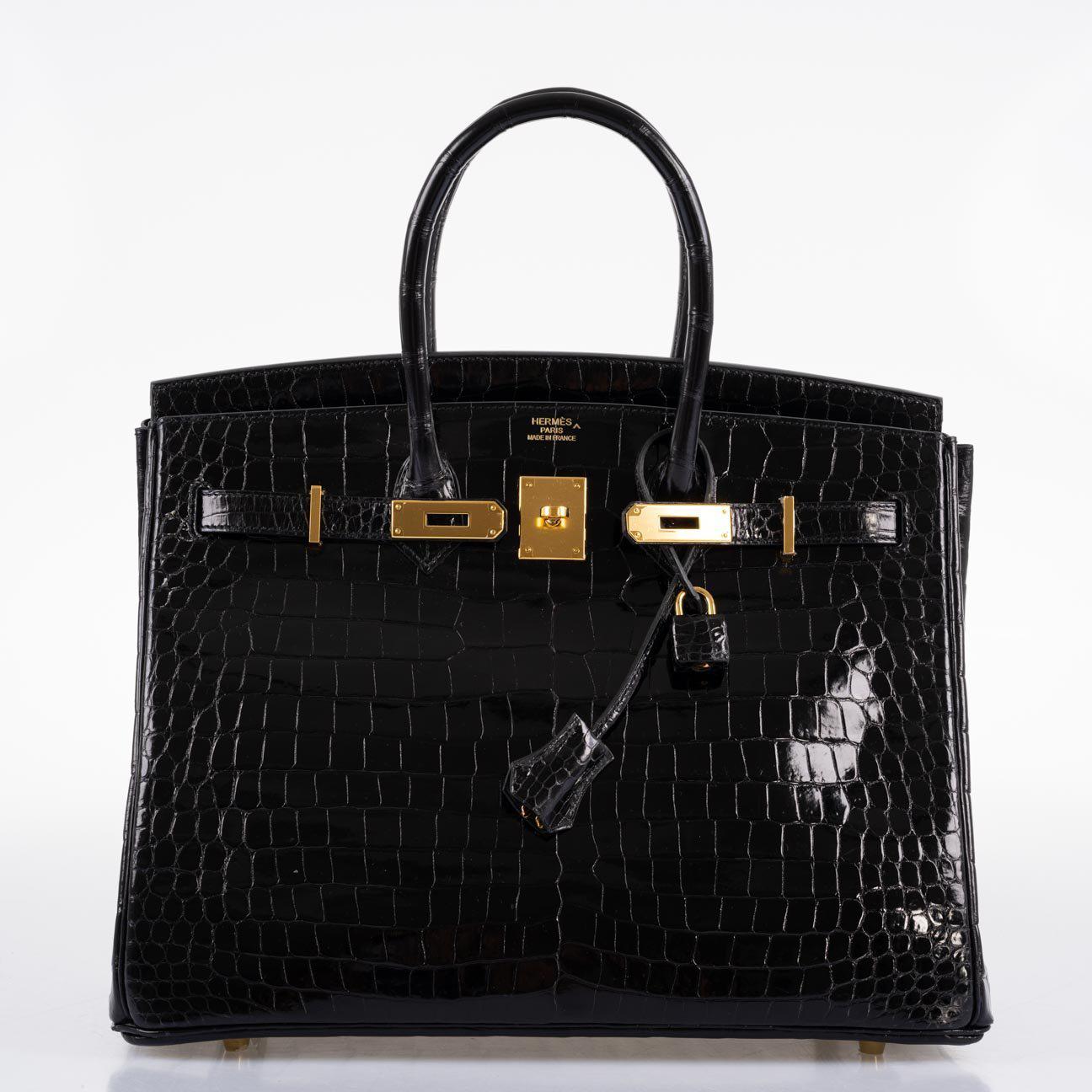 Hermes Birkin 35 Black Shiny Porosus Crocodile with Gold Hardware - 2017, A