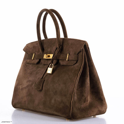 Hermes Birkin 35 Chocolate Veau Doblis Suede with Gold Hardware - 2011, O Square