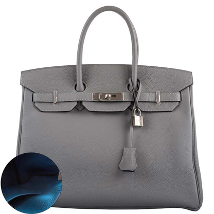 Hermes Birkin 35 Gris Mouette Verso Blue Agate Togo Palladium Hardware - 2016, X