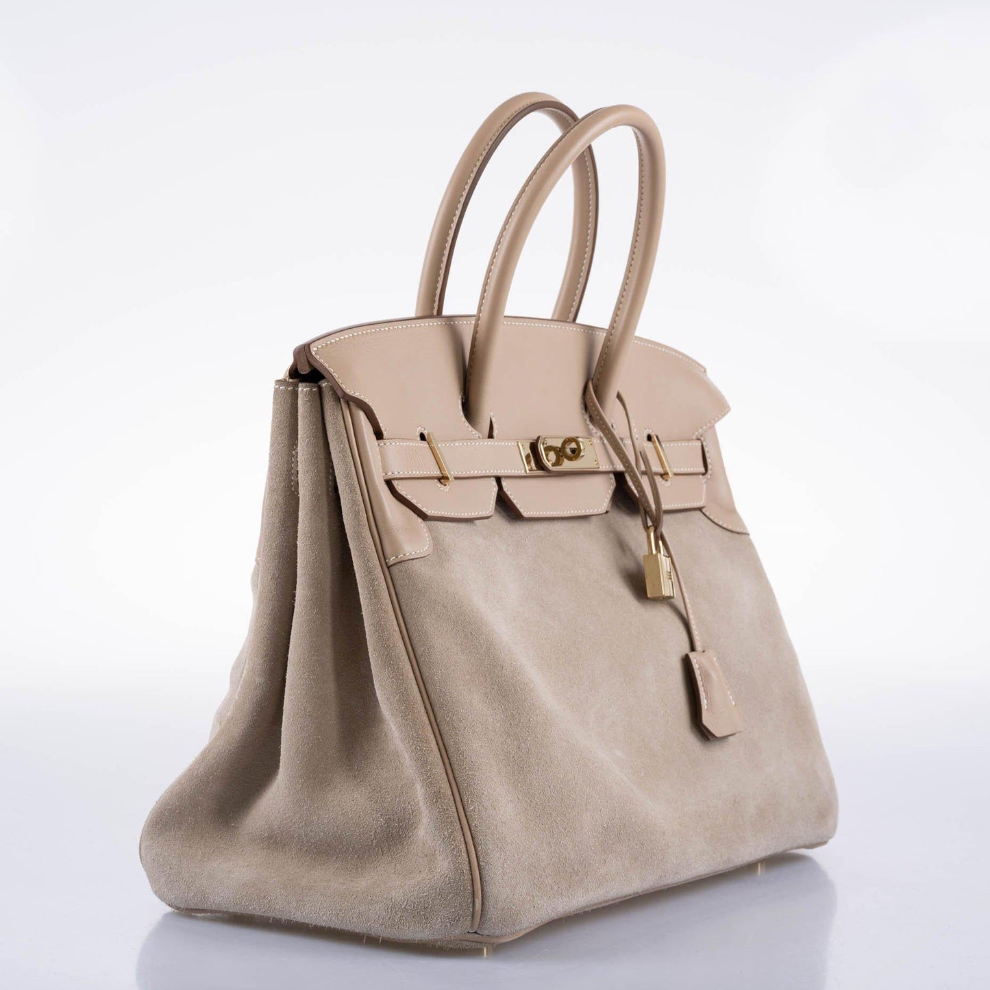 Hermes Birkin 35 Grizzly Argile Veau Doblis Suede & Swift Permabrass Hardware - 2014, R Square