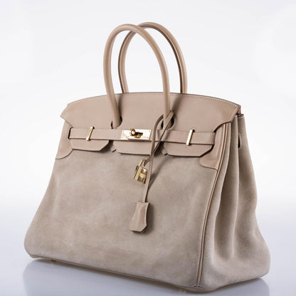 Hermes Birkin 35 Grizzly Argile Veau Doblis Suede & Swift Permabrass Hardware - 2014, R Square