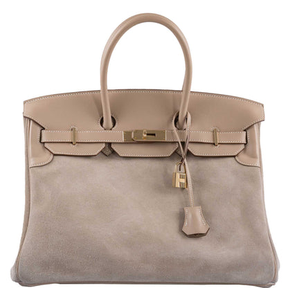 Hermes Birkin 35 Grizzly Argile Veau Doblis Suede & Swift Permabrass Hardware - 2014, R Square