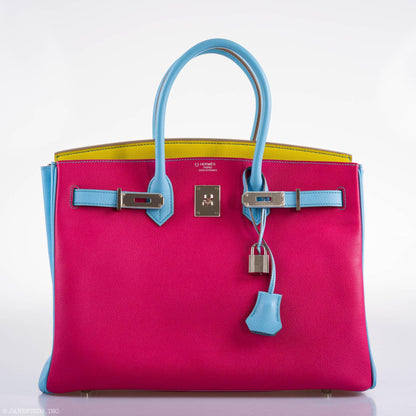 Hermes Birkin 35 HSS Rose Tyrien, Blue Celeste, Lime Epsom Palladium Hardware - 2011, O