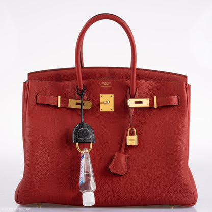 Hermes Birkin 35 HSS Rouge Vif Togo Brushed Gold Hardware - 2020, Y